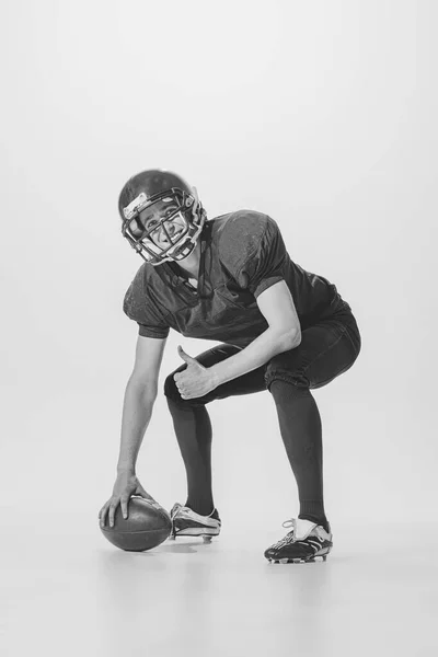 Portrait Young Smiling Man American Football Player Posing Black White — 스톡 사진