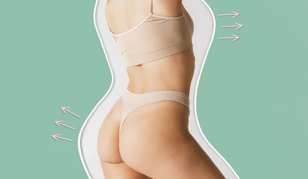 Image Slim Female Body Beige Underwear Isolated Green Background Arrow — Fotografie, imagine de stoc