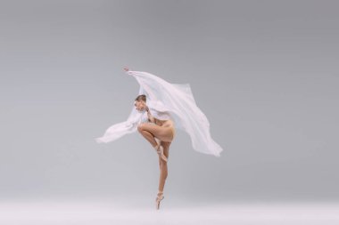 Portrait of young ballerina dancing with transparent fabric isolated over grey studio background. Tender movements. Concept of classic ballet, inspiration, beauty, dance, creativity