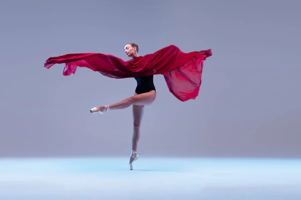 Портрет Молодої Балерини Танцює Глибоко Червоною Кольоровою Тканиною Ізольованою Синьо — стокове фото