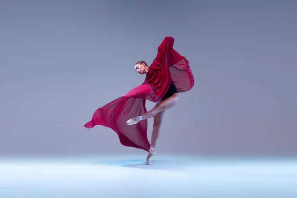 Portrait Young Ballerina Dancing Deep Red Transparent Fabric Isolated Blue —  Fotos de Stock
