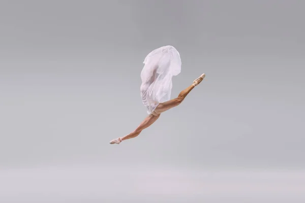 Portrait Young Ballerina Dancing Jumping Twine Transparent Fabric Isolated Grey — ストック写真