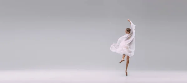 Portrait Young Ballerina Dancing Covered White Transparent Fabric Isolated Grey — ストック写真