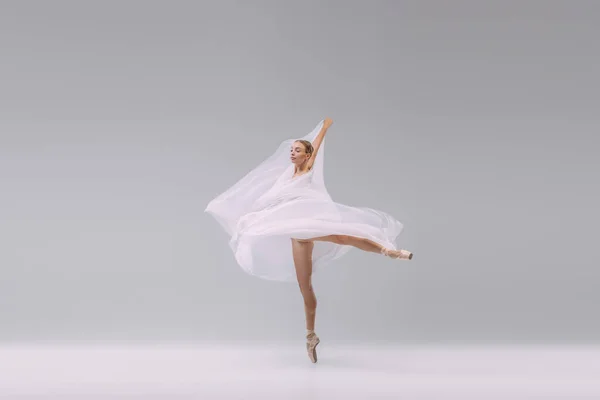 Portrait Young Flexible Ballerina Dancing Transparent Fabric Isolated Grey Studio — Stockfoto