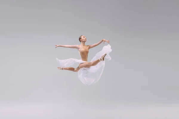 Portrait Young Ballerina Dancing Light Transparent Fabric Isolated Grey Studio — Stok fotoğraf