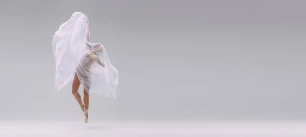 Портрет Молодої Балерини Вкритий Білою Прозорою Тканиною Танцями Ізольовано Сірому — стокове фото