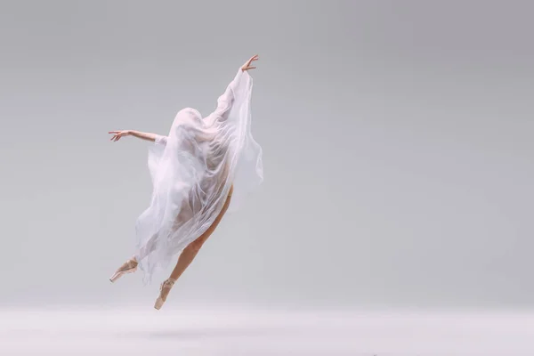 Portrait Young Ballerina Dancing Fully Covered Fabric Isolated Grey Studio — Fotografia de Stock