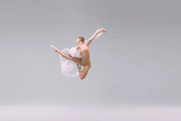 Portrait Young Ballerina Dancing Fabric Isolated Grey Studio Background Looks — 图库照片