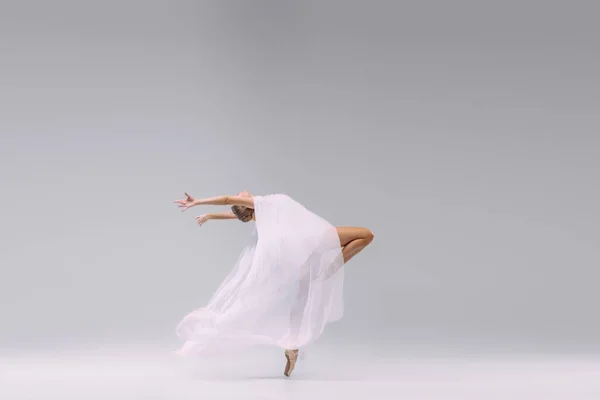 Портрет Молодої Балерини Танцює Тканиною Ізольовано Сірому Студійному Фоні Повністю — стокове фото