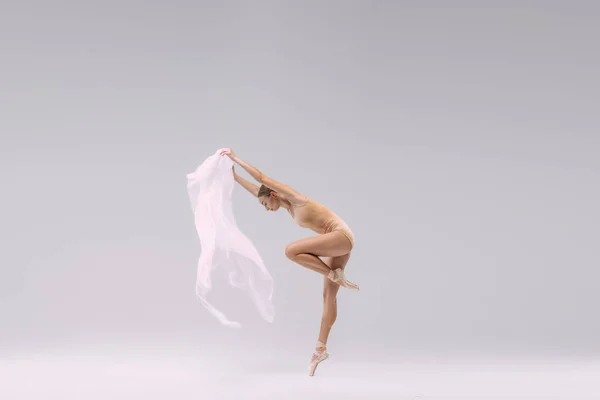 Portrait Young Ballerina Dancing Fabric Isolated Grey Studio Background Graceful —  Fotos de Stock