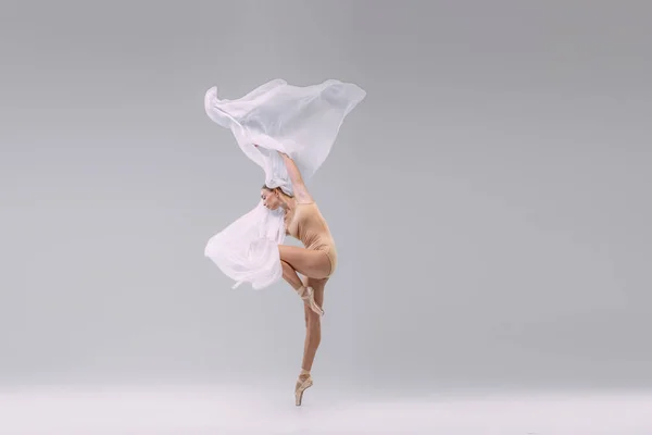 Portrait Young Graceful Ballerina Dancing Fabric Isolated Grey Studio Background — Stock Photo, Image
