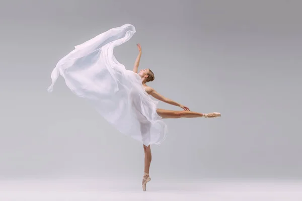 Portrait Young Ballerina Dancing Fabric Isolated Grey Studio Background Standing — Photo