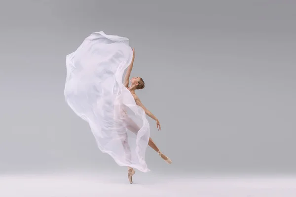 Портрет Молодой Балерины Танцующей Ткани Выделенной Сером Фоне Студии Стоя — стоковое фото