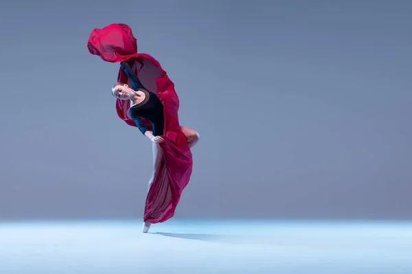 Portrait Young Ballerina Dancing Black Bodysuit Deep Red Fabric Isolated — Stockfoto
