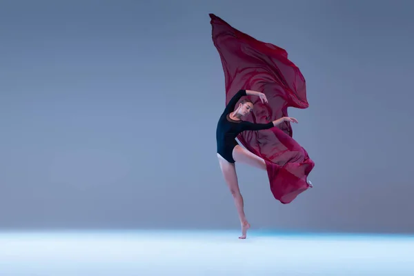 Portrait Young Passionate Ballerina Dancing Deep Red Transparent Fabric Isolated —  Fotos de Stock