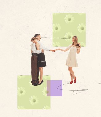 Contemporary art collage. Young man hugging woman and reaching with hand another woman. Cheating, unfaithfulness. Concept of emotions, feelings, relationship. Retro style. Copy space for ad, design