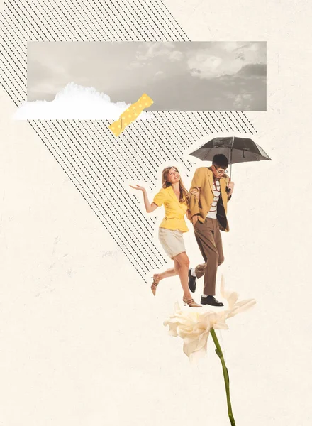 Contemporary Art Collage Young Stylish Couple Walking Rain Umbrella Autumn —  Fotos de Stock