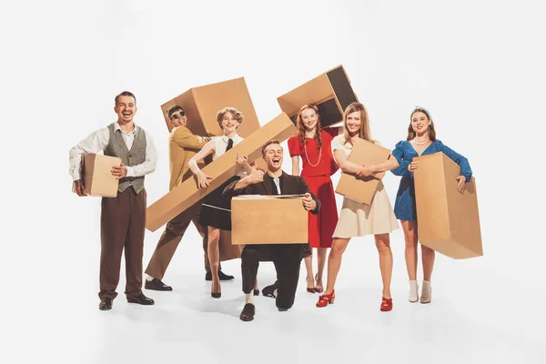 Group Young Cheerful Stylish People Holding Big Cardboard Boxes Isolated — Stock fotografie