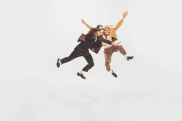 Portrait Two Stylish Men Friends Spending Time Together Posing Jump — 스톡 사진