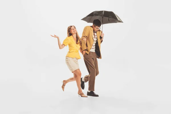 Portrait Couple Man Woman Walking Umbrella Isolated White Studio Background —  Fotos de Stock