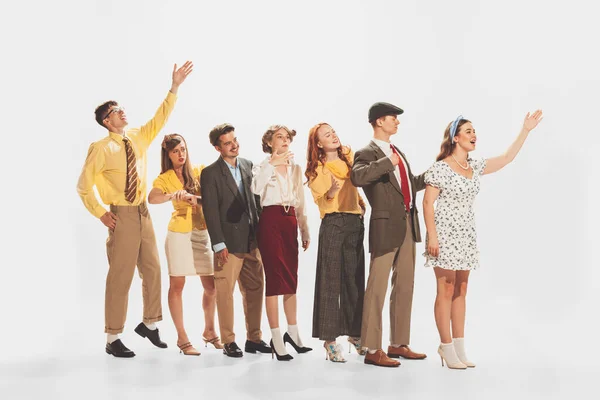 Group Young Stylish People Standing Line Talking Expressing Ideas Isolated — Foto de Stock