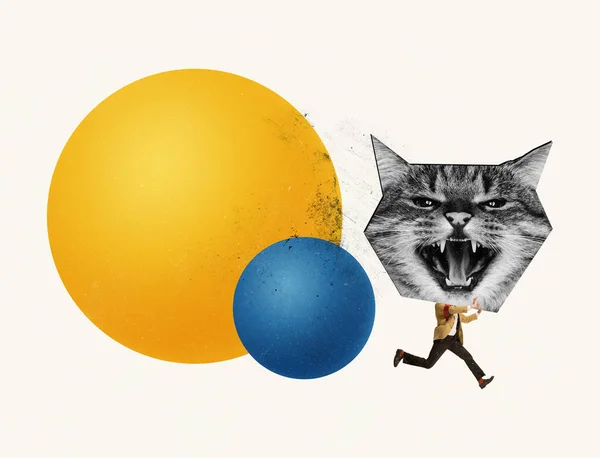 Contemporary Art Collage Motivated Businessman Giant Cats Head Running Away — Zdjęcie stockowe