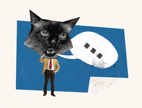 Contemporary Artwork Businessman Big Cats Muzzle Head Conducting Conversation Business — Stok Foto