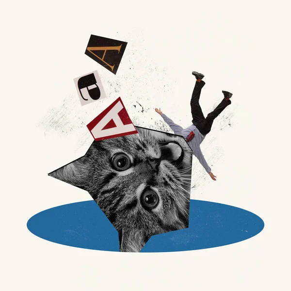 Contemporary Art Collage Man Businessman Big Cats Muzzle Head Falling — 스톡 사진