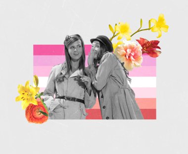 Creative colorful design. Conceptual image with two stylish young women whispering secrets, communicating. Concept of equality, lgbt, social support, love, relationship. Poster, ad