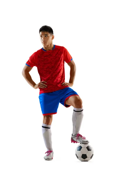 Portrait Proud Young Man Football Player Uniform Posing Ball Isolated — 图库照片