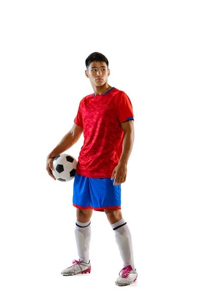 Full Length Portrait Young Man Football Player Posing Ball Isolated — Fotografia de Stock
