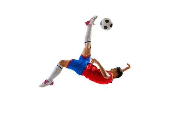 Dynamic Portrait Young Male Football Player Training Kicking Ball Jump — ストック写真