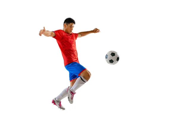 Portrait Young Man Football Player Training Playing Kicking Ball Isolated — Foto Stock