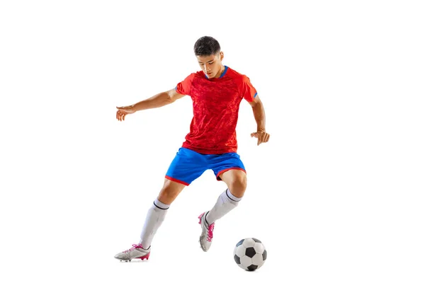 Portrait Young Man Professional Football Player Motion Dribbling Training Isolated — Foto Stock