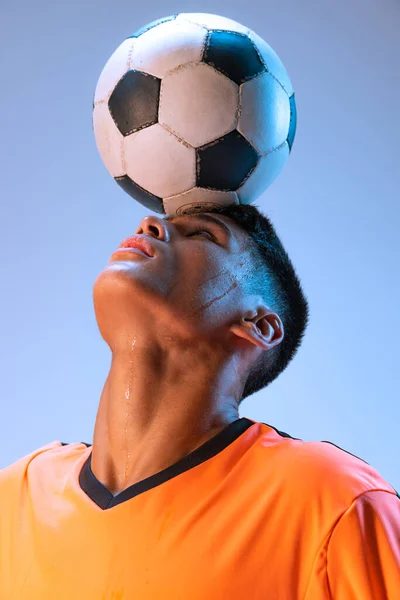 Portrait Young Man Male Football Player Posing Ball Head Isolated — Photo