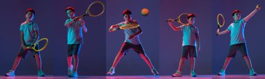 Collage. Sportive child. Portrait of boy, tennis player posing isolated on purple background in neon lights. Concept of action, sport, health, competition, motion, physical activity. Copy space for ad