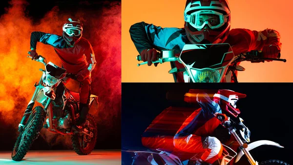 Collage Young Man Full Equipment Biker Developing Speed Motorbike Isolated — Zdjęcie stockowe