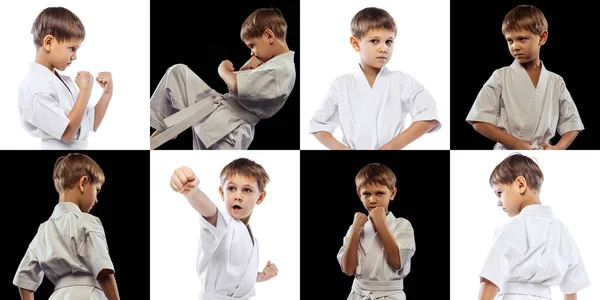 Collage Boy Karateka Sportsman White Kimono Training Practising Isolated Black — Fotografia de Stock