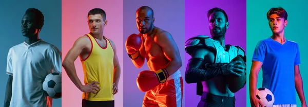 콜라주 스포츠 포즈를 취하는 선수들의 특징은 네온등을 색깔의 배경을 훈련을 — 스톡 사진