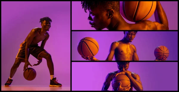 Collage. Young man, basketball player posing with ball isolated over purple neon background. Concept of professional sport, healthy lifestyle, motion and action