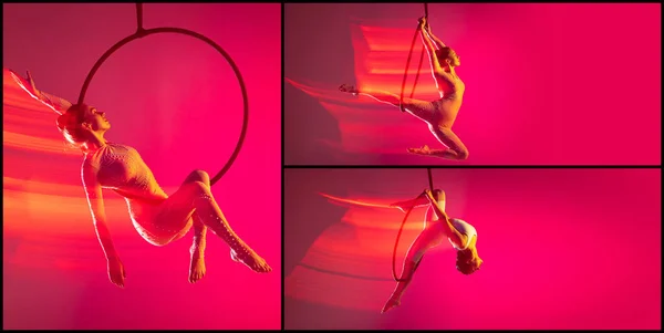 Collage Portrait Professional Air Gymnasts Training Hoop Isolated Pink Background — Stockfoto