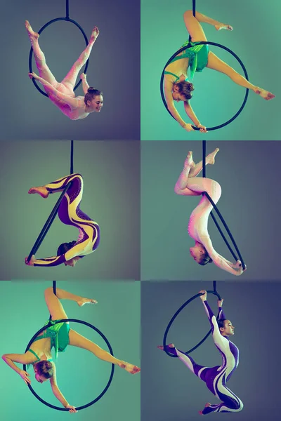 Коллаж Две Юные Гибкие Девушки Профессиональные Воздушные Гимнастки Тренирующиеся Обруче — стоковое фото