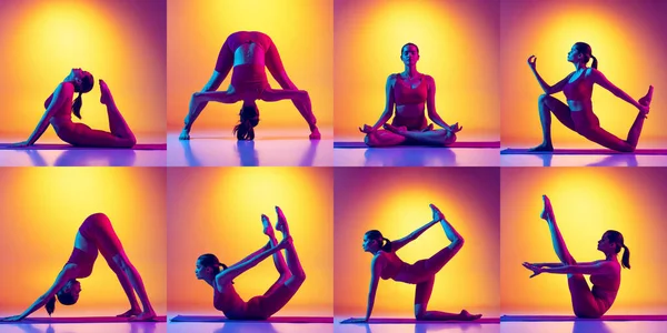 Collage Young Sportive Woman Comfortable Sport Suit Training Doing Yoga — Photo