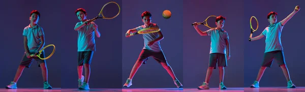 Collage Sportive Child Portrait Boy Tennis Player Posing Isolated Purple — Stockfoto