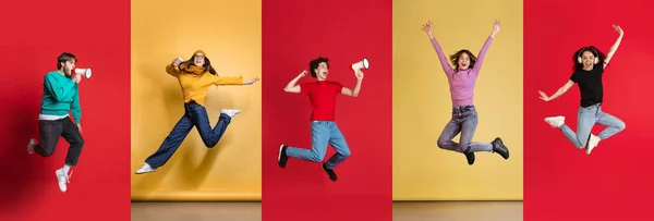 Collage Group Young Cheerful People Man Woman Casual Clothes Jumping — Foto de Stock