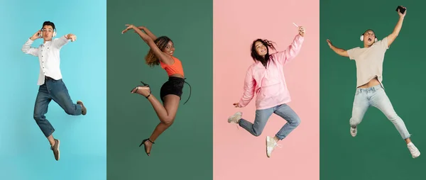 Collage Group People Young Women Man Jumping Isolated Multicolored Background — Stok fotoğraf