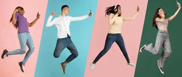 Collage Group Young People Man Woman Taking Selfie Jump Isolated — Stok fotoğraf