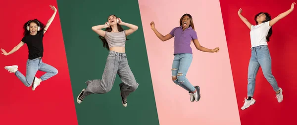 Collage Group Young People Girls Students Jumping Joy Isolated Multicolored — Stok fotoğraf