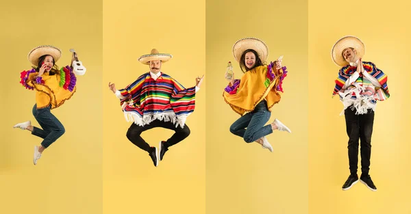 Collage Portraits Young Cheerful Man Woman Mexican National Clothes Sombrero — Stockfoto