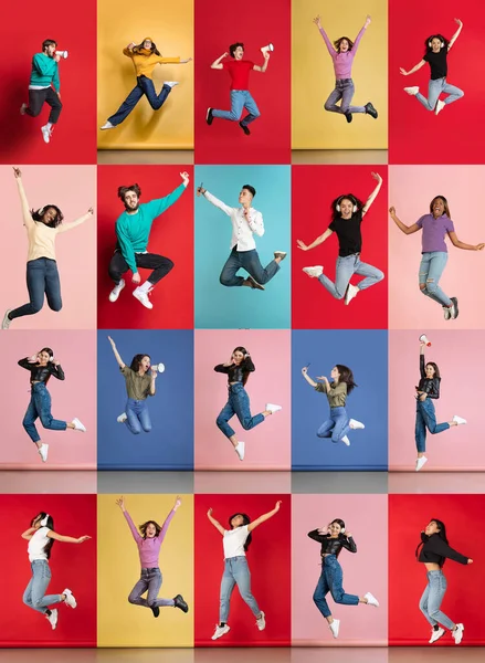 Коллаж Группа Молодых Людей Мужчина Женщина Весело Прыгают Позируя Изолированно — стоковое фото